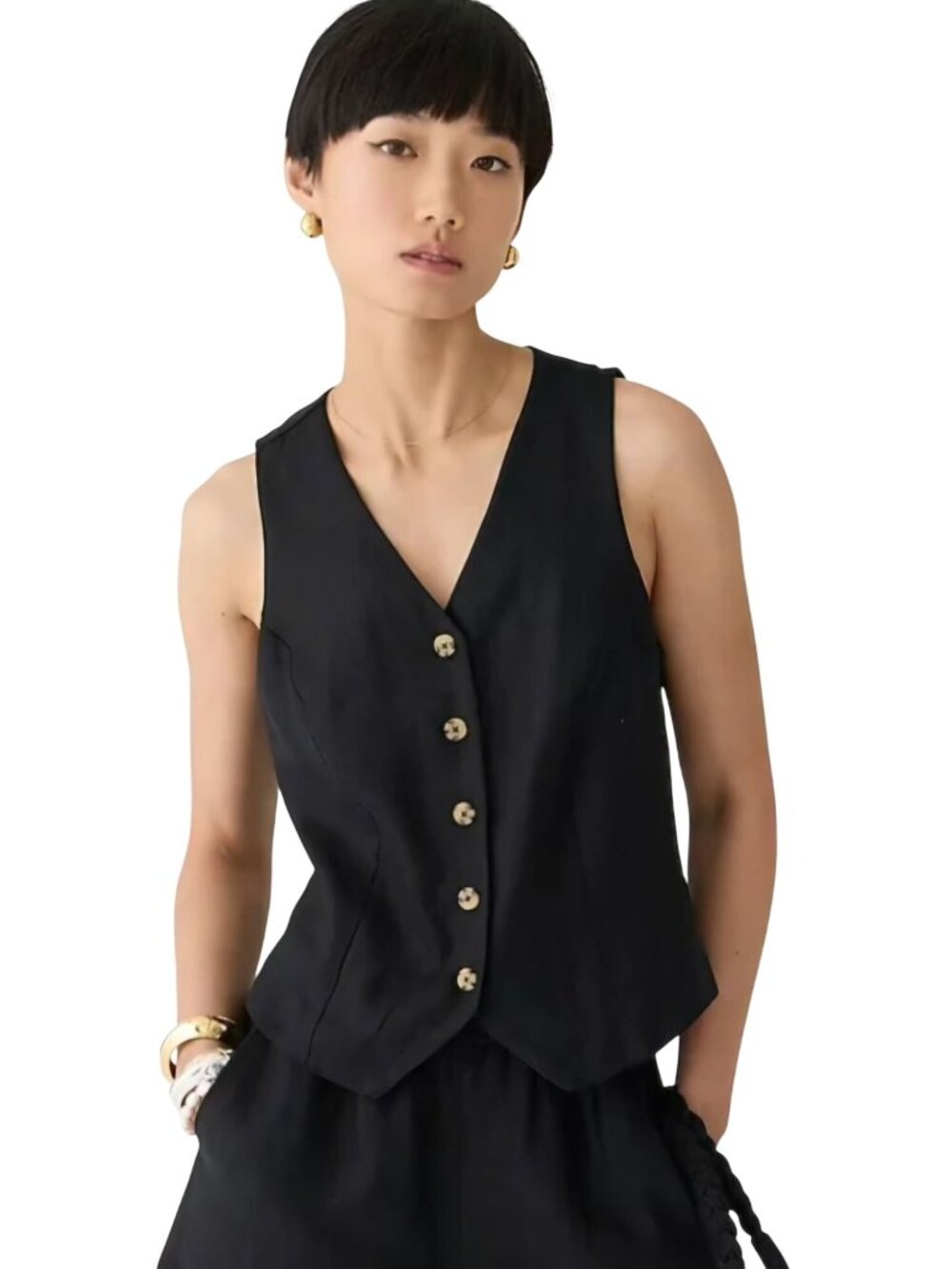 J.Crew NWT Black Linen Button Front Vest 2023 Classic All Season Size 10